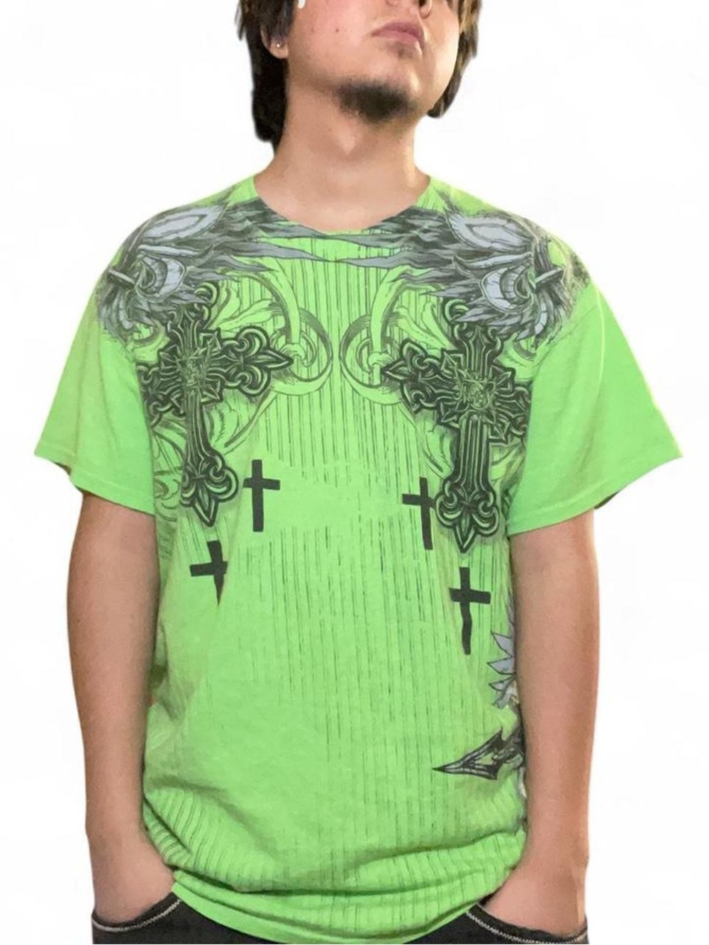 Vintage MMA Elite Neon Green Graphic T-Shirt Y2K Cross Design Size Large